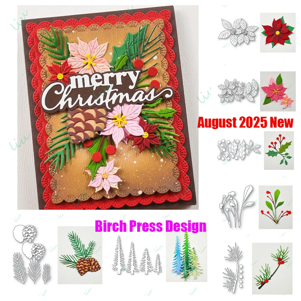 2025august nuevo ramo de bayas de pino de Navidad Poinsettia Berry Splash troqueles de corte de Metal para álbum de fotos DIY regalo de vacaciones