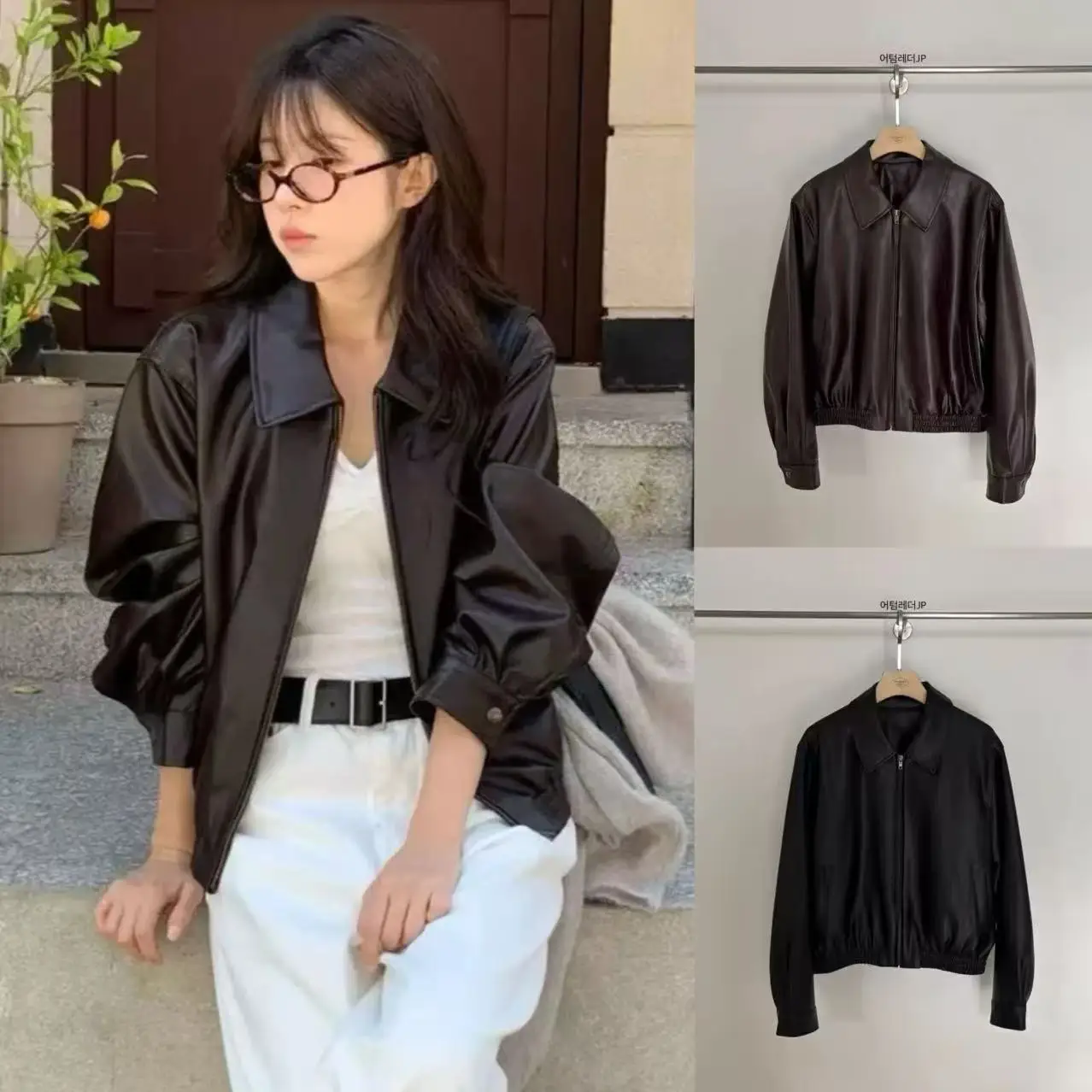 

Loose Vintage Lapel Zipper Leather Jaet Casual Coat Long Sve Regular Fit Youth Outerwear for Autumn Season