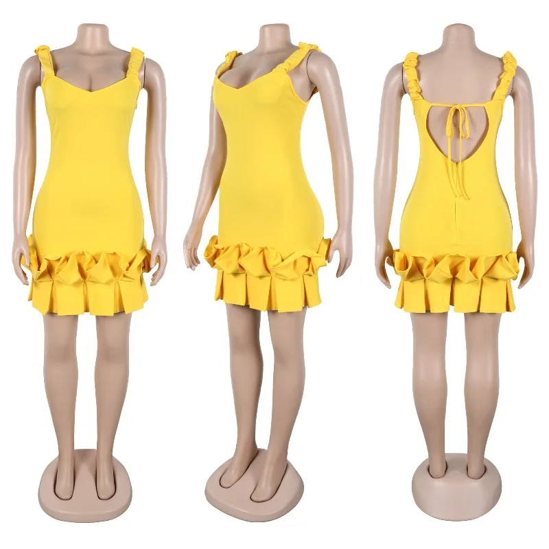 Sexy Spaghetti Strap V-neck Party Mini Dresses Woman Night Club Sleeveless Sheath Backless Ruffles Hem Bodycon Dress Birthday