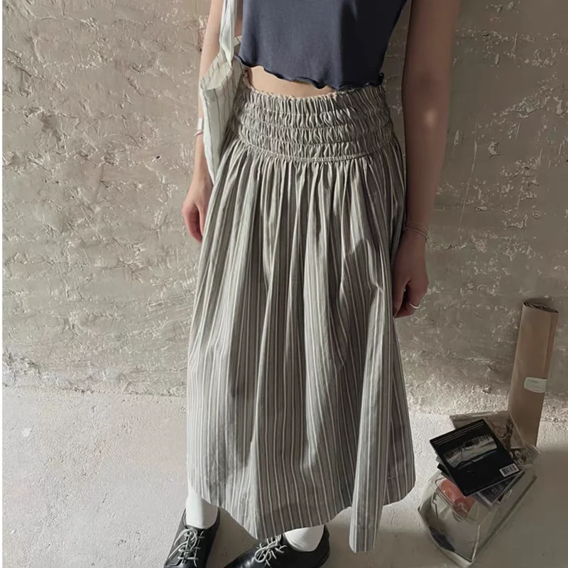 

Gray Retro Patchwork Waist Skirt for Women 2025 New Summer Style Loose A-line Elastic Waist Long Skirt