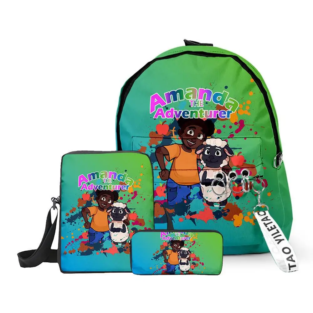 Youthful Amanda the Adventurer 3D Print 3pcs/Set Children Pupil Travel bags Key Chain Small Backpack Shoulder Bag Pencil Case