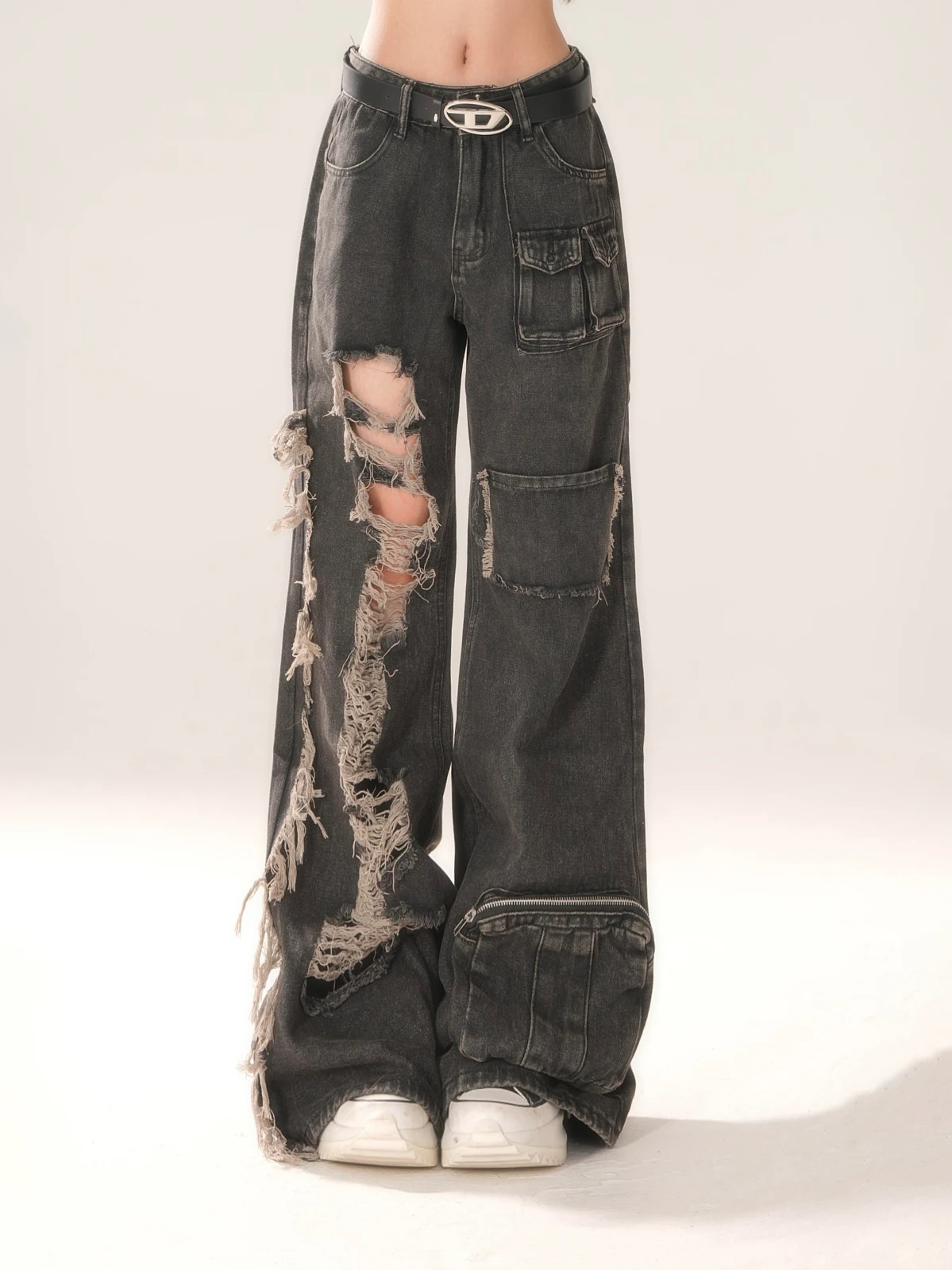 High Quality Hot Selling Wholesale Retro Distressed Distressed Workwear Jeans Women's High Waisted Personalized Wide Leg Pants