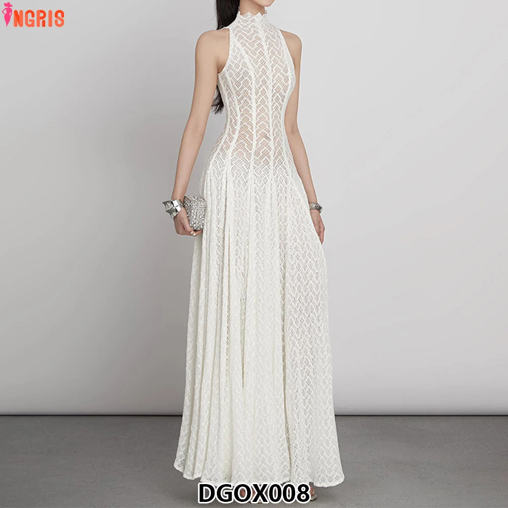 

Wholesale Retro Lace Design Dress New Lace Collar Sleeveless See Through Slim Elegant Dress Women-DGOX008