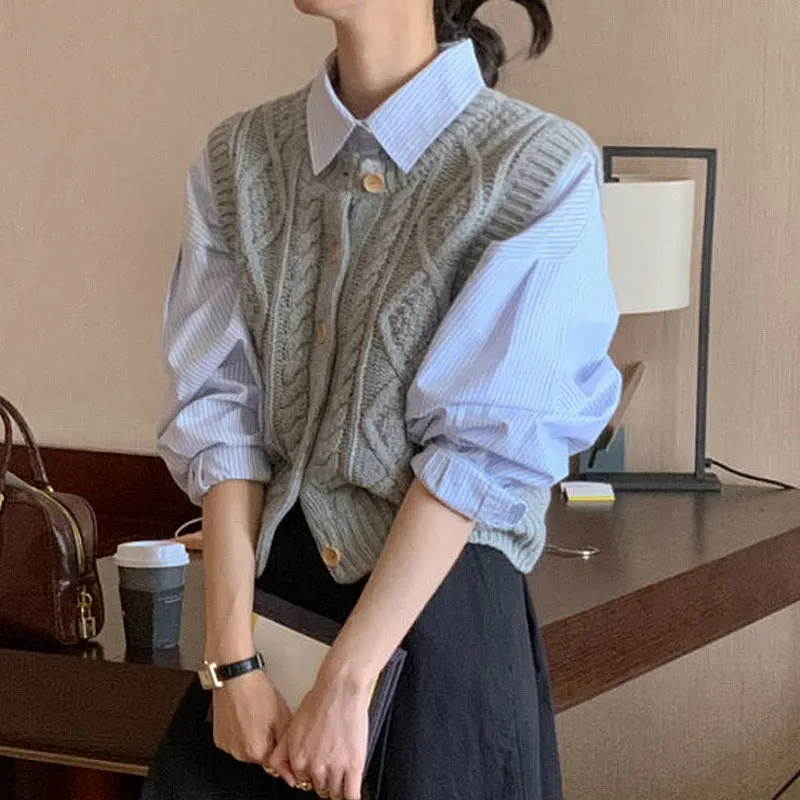 Korean Style Chic Simple Knitted Vest for Women O Neck Sleeveless Loose Casual Sweater Waistcoat Autumn Winter 2024 Vintage Tops