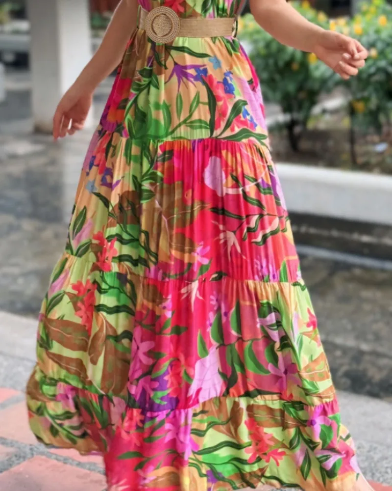 Abito estivo alla moda da donna con stampa tropicale, maxi abito senza maniche increspato con scollo all'americana, abito grembiule fluido casual con linea A