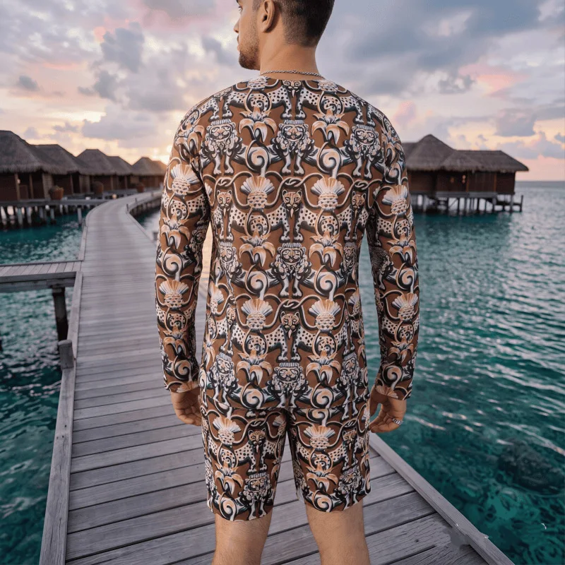 Men 2Pcs Tribal Totem Print Swimwear Set Long Sleeve UPF35++ Rash Guard Top + Quick Dry Swim Shorts for Beach Snorkeling Surfing