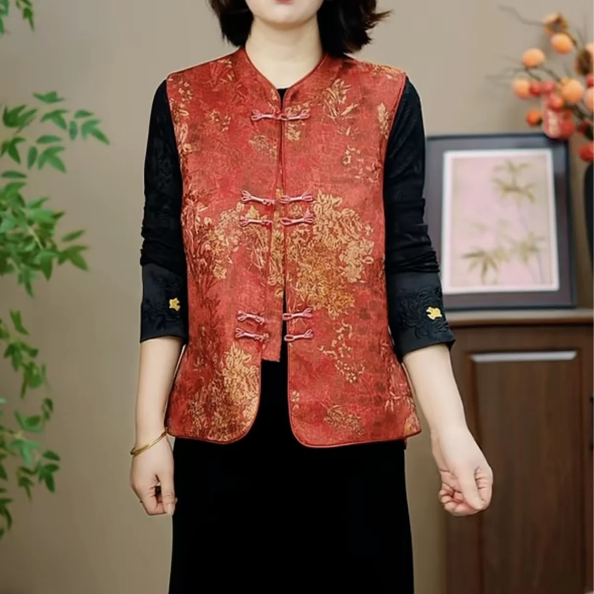 

Новая женская куртка-жилет на весну 2026 года в китайском стиле, с вышивкой, на пуговицах, с цветочным принтом, свободного кроя, с воротником-стойкой