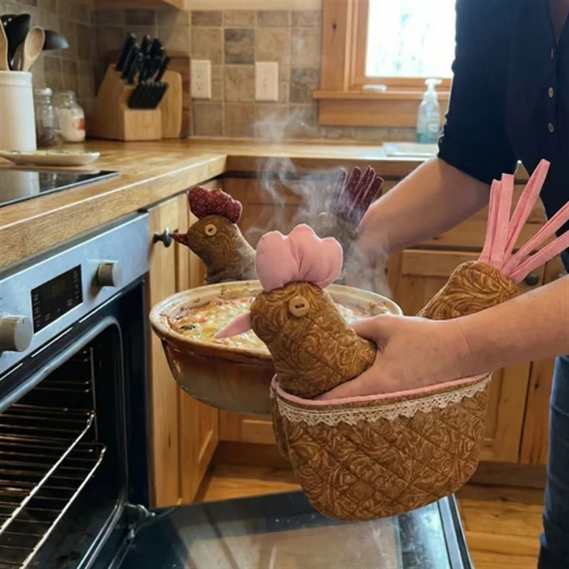 Cute Chicken Shaped Microwave Oven Mittens with Lace Trim,Homemade Style Cottage Core Kitchen Gift, Heat Resistant Baking Gloves