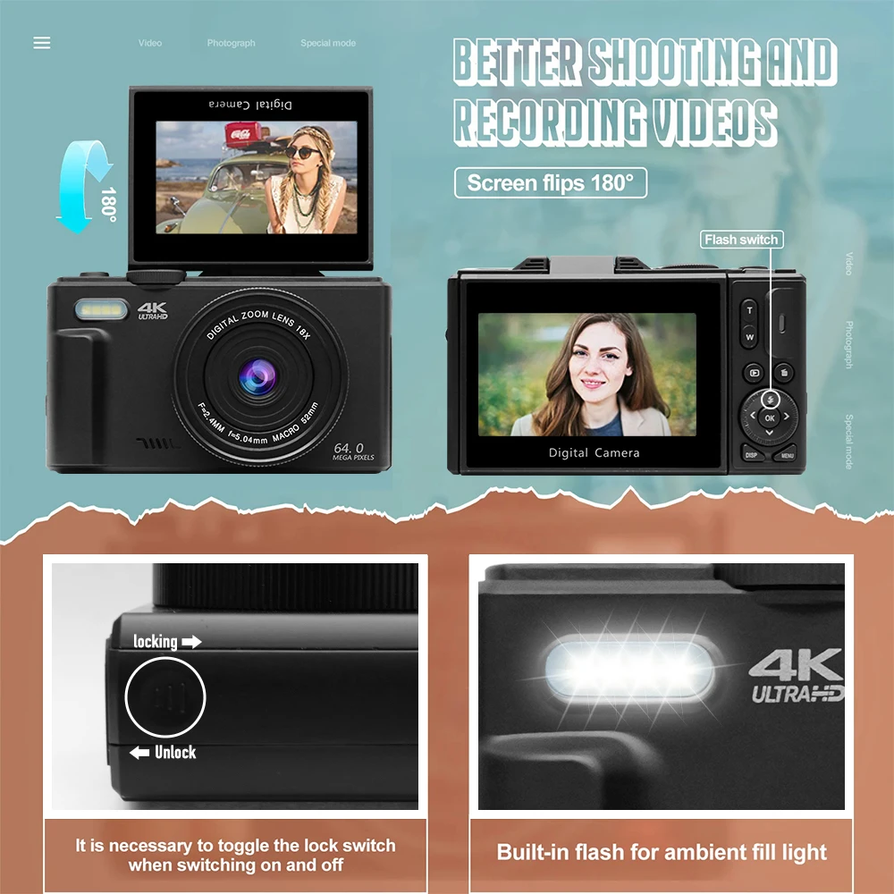 Compact Digital Photography Camera 4K 18X Digital Zoom Vintage Vlog Video Recorder YouTube 180° Flip Screen Selfile WiFi Web Cam