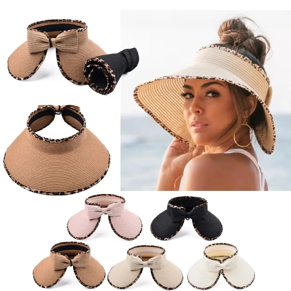 Foldable Leopard Trim Empty Top Hat Women Summer Beach Sun Protection Straw Hat Female Fashion Versatile Shade Sun Visor Cap