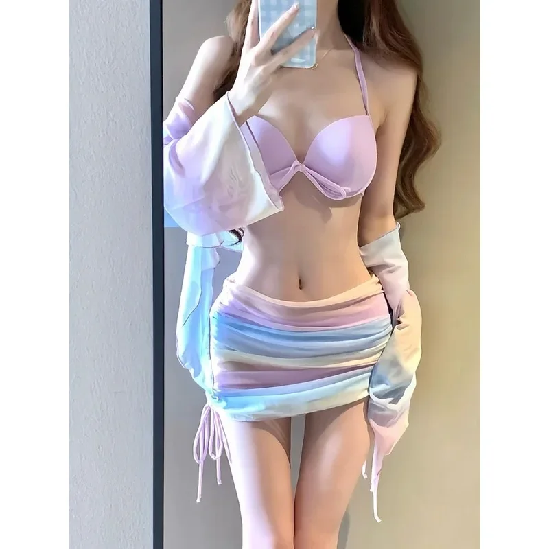 ビキニ 4 ピース ビーチ バケーション 温泉 ソフト カップ 長袖 温泉 カバー シャツ ハンギング ネック スカート 水着 浸かり