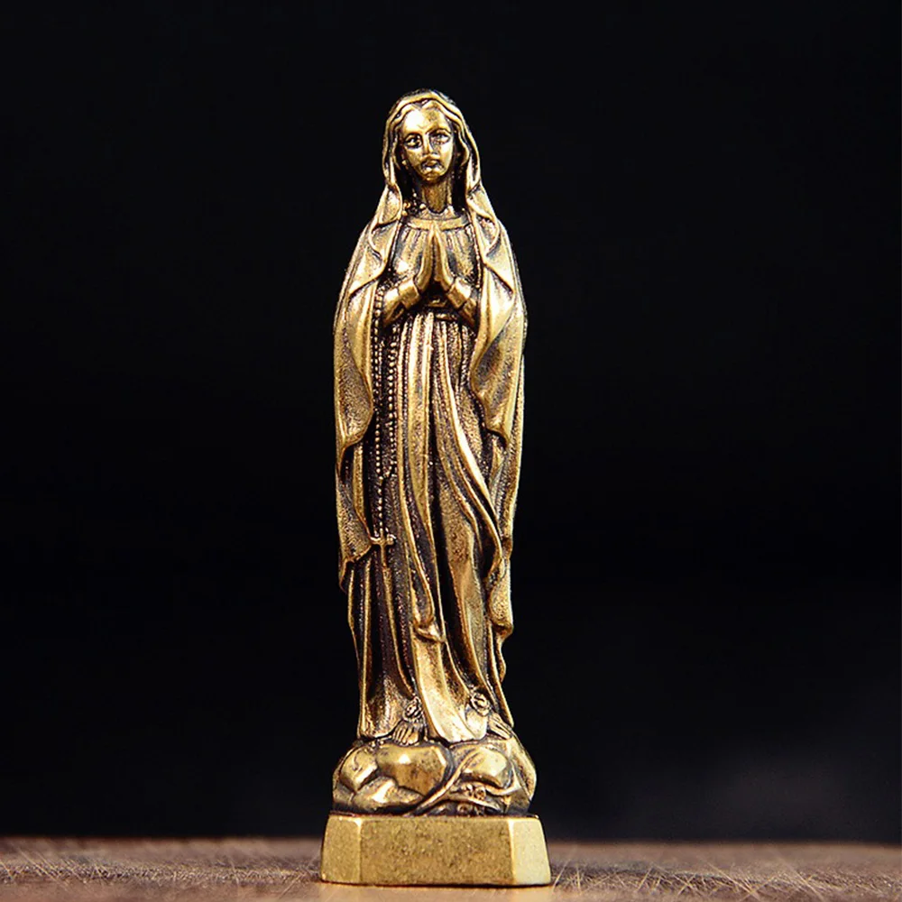 

Brass Virgin Mary Figurines Portable Mini Vintage Style Religious Holy Mother Sculpture Collectibles Crafts Ornaments Home Decor