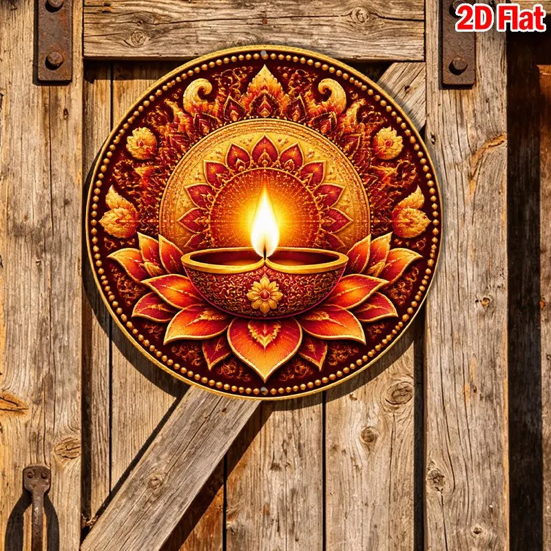 CIFBUY Retro Happy Diwali Oil Lamp Lotus Mandala Aluminum Wall Art Waterproof Wearproof Home Porch Yard Room Decor Gift