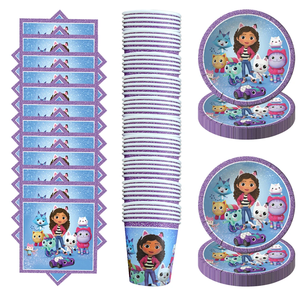 Gabby Theme 60pcs/lot Napkins Kids Girls Favors Cups Plates Happy Birthday Events Party Tableware Set Decorations Supplies