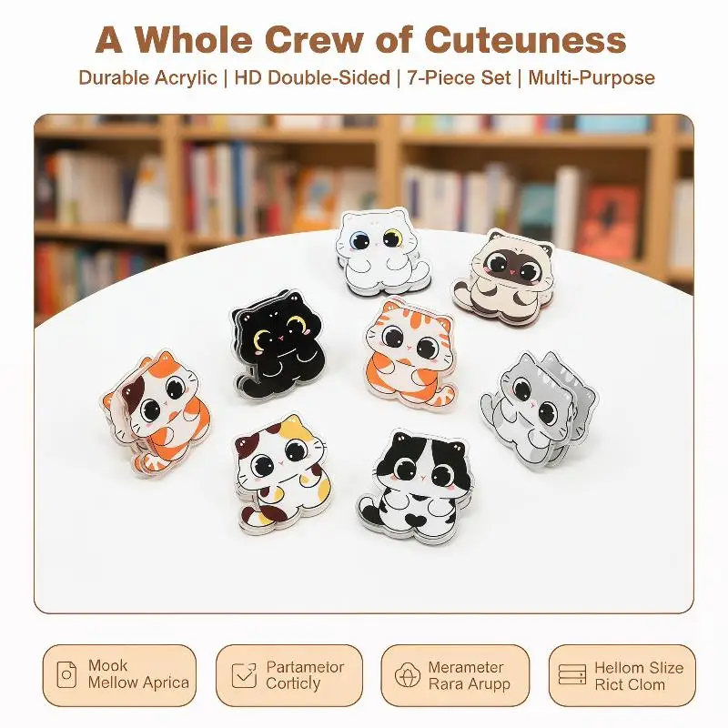7pcs Double Sided Acrylic Cat Clips Cartoon Design High Definition PP Paper Clips School Accessories