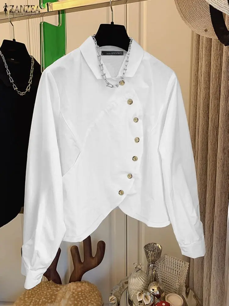 ZANZEA Camicia a maniche lunghe con collo risvolto da donna alla moda 2025 Camicetta autunnale Elegante camicetta da lavoro OL solida Top da ufficio irregolari Oversize
