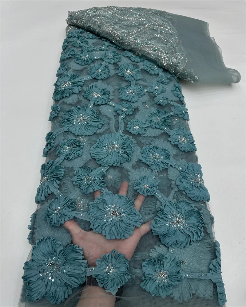 Encaje de tela africana con cuentas 3D de lujo - 5 yardas de alta calidad para costura de vestidos de novia