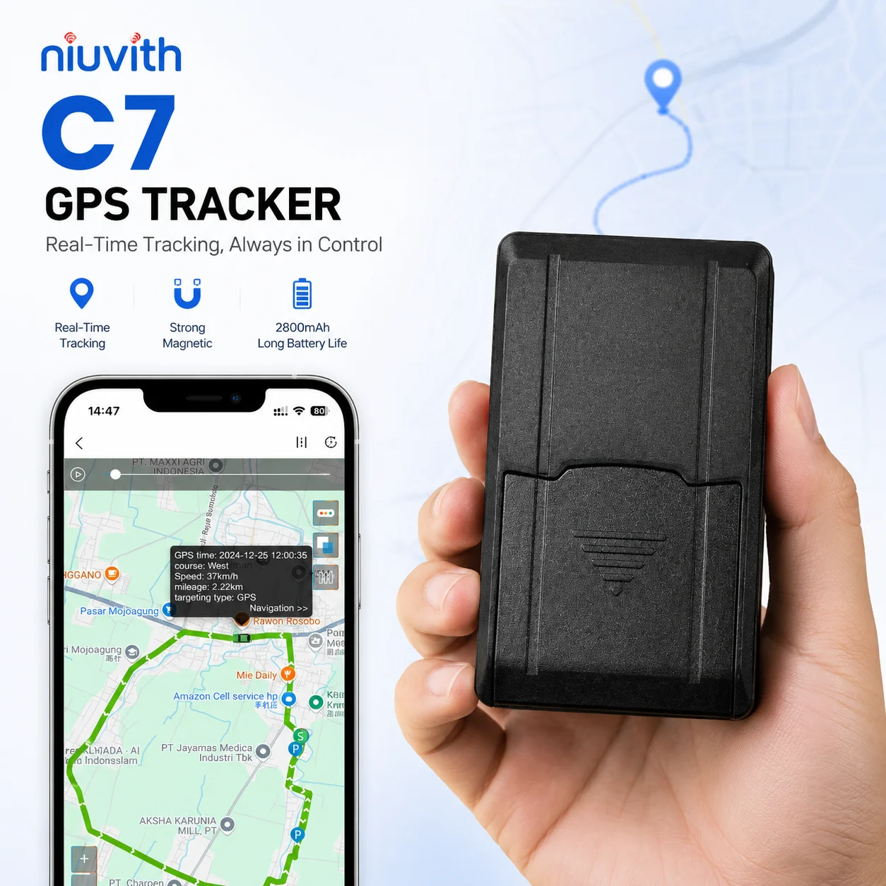 C7 Mini GPS Tracker for Cars & Vehicles - 5-Year Battery Life Wireless Hidden Tracker for Trucks & Trailers No Subscription Requ