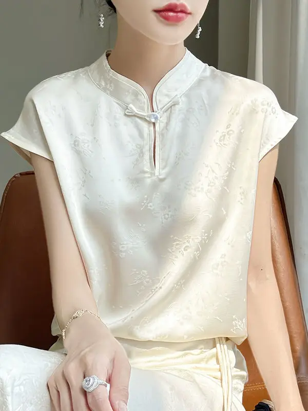 

Винтажный дизайн, футболка с воротником и коротким рукавом в китайском стиле, женская новая блузка с принтом на пуговицах в китайском стиле