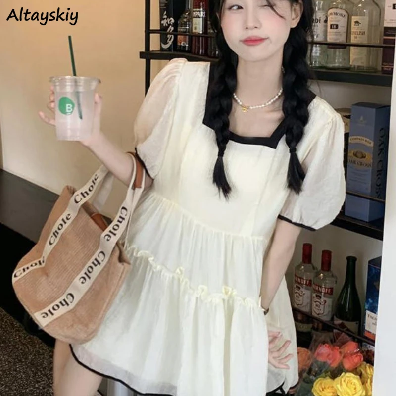 Square Neckline Design Dresses Women Puff Sleeve French Style Loose Casual Daily Sundress Sweet Fairy Student Mori Girl Fashion