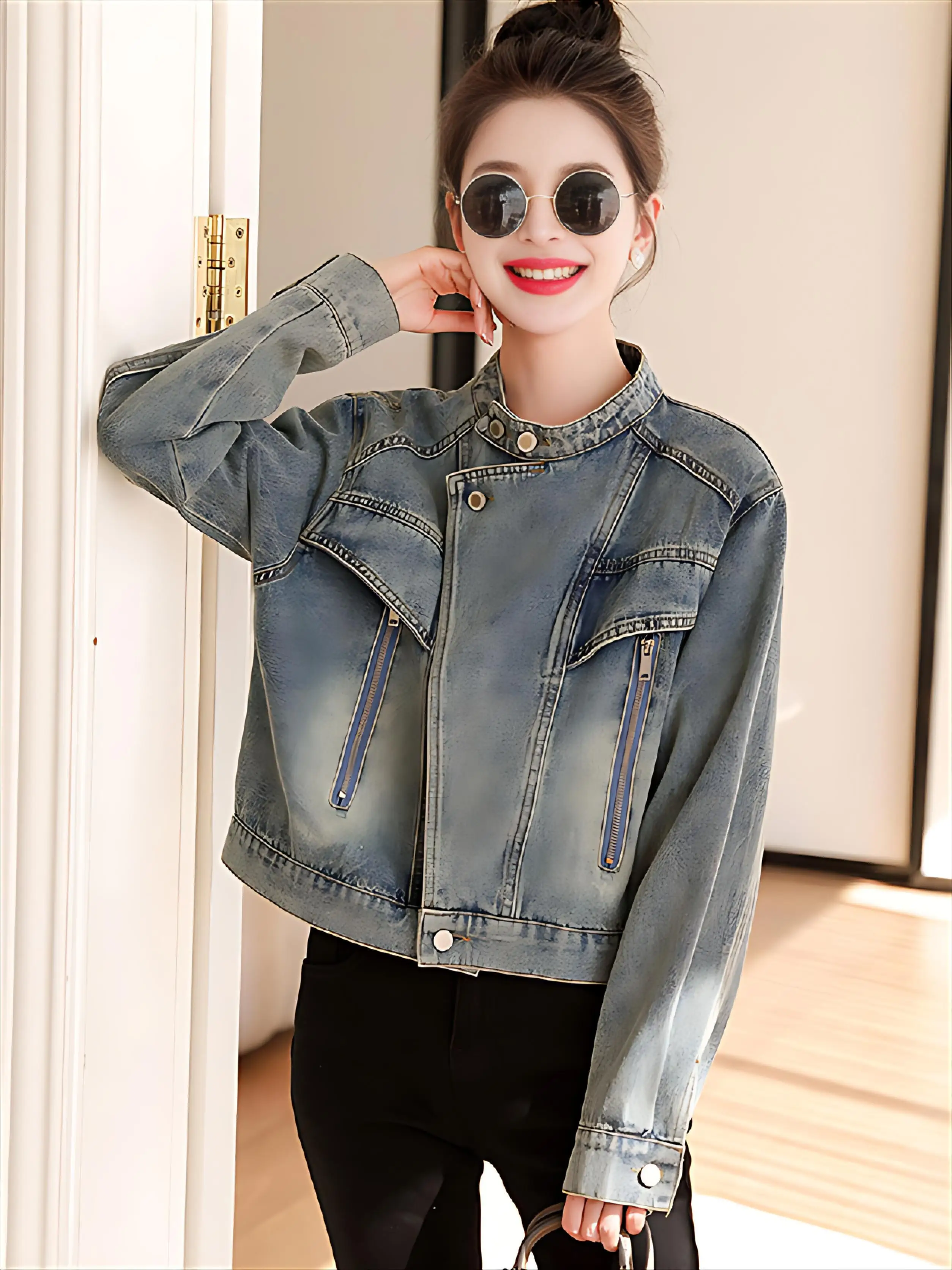 데님 코트 퍼 여성 여름 캔버스 카와이 끈 여성스러운 비치웨어 힙스터 미니멀리스트 홀로우드 아웃 오픈 프론트 포켓 재킷