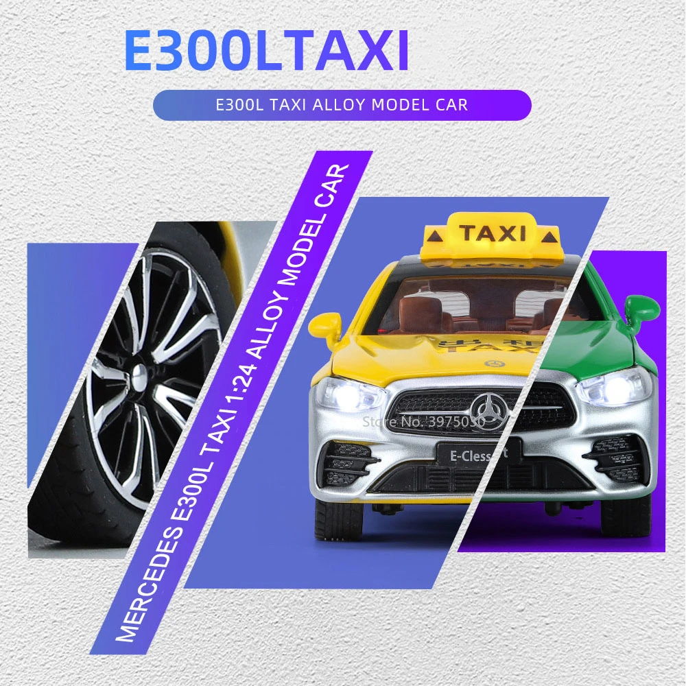 1:24 Benz E300L Taxi Cars Models Toys High Simulation Alloy Miniature Vehicles Sound Light Pull Back Collection Kids Gifts