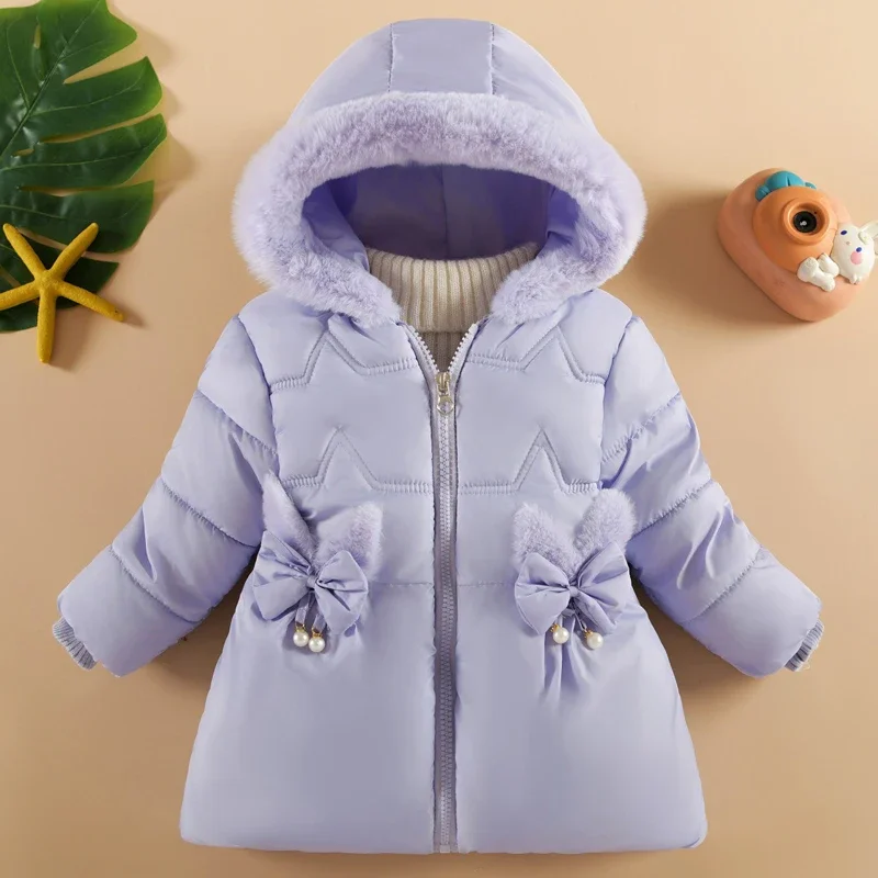 1 2 3 4Y Winter Girls Jacket 5 Color Little Bow Pearl Decoration Lining Plush Thick Hooded Coats For Kids Children Cute Outwear