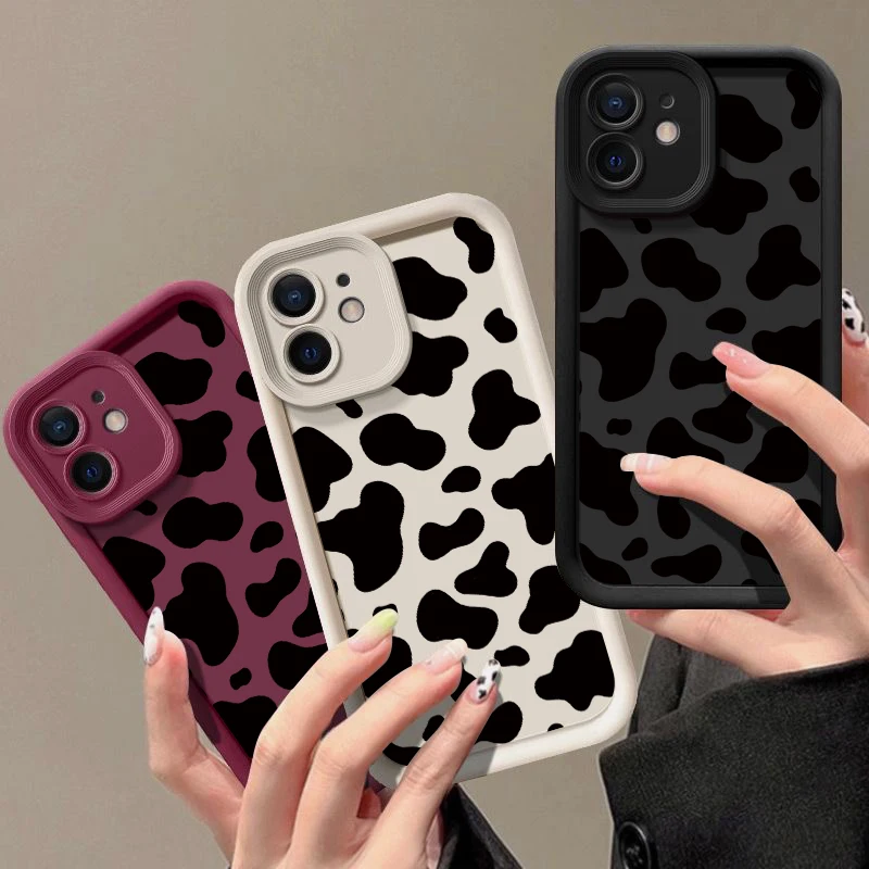 Shockproof Milk Cow Spots Case For iPhone 16 Pro Max Luxury Soft Silicone Bumper Cover Coque For iPhone 13 14 15 Pro Max 12 11