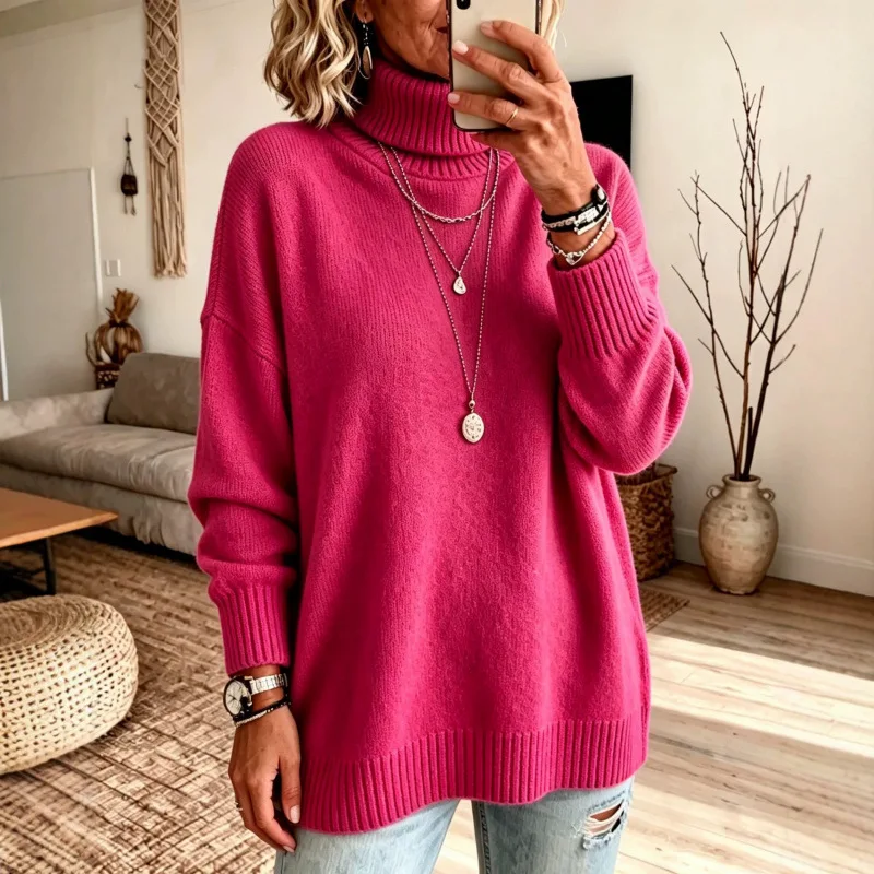 Women's Autumn Winter Thickened High-neck Loose Knit Long Sleeve Sweater Pullover