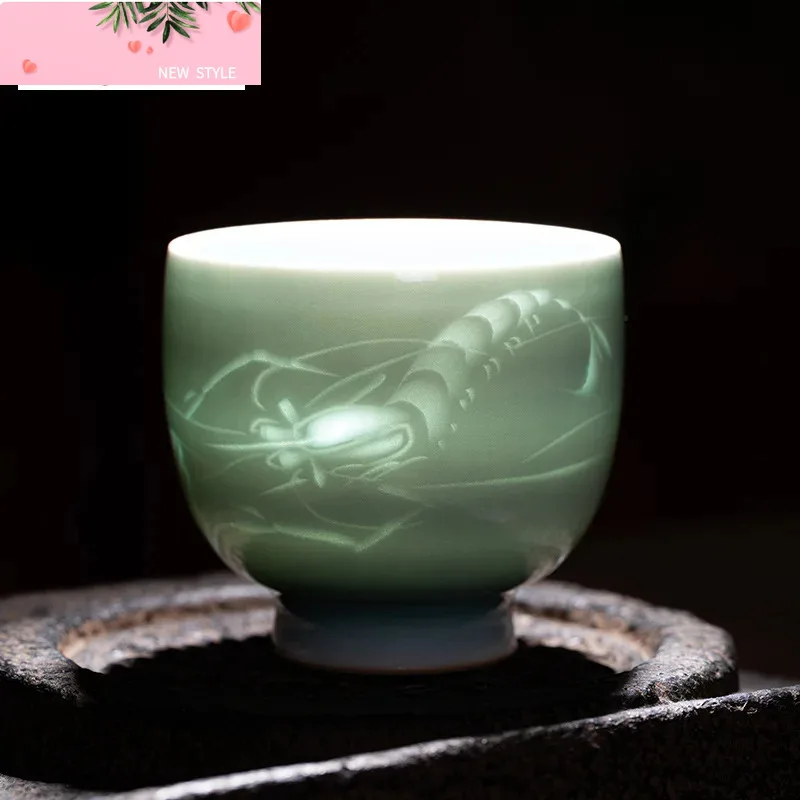 

100 мл Высококачественная керамическая чайная чашка ручной работы Famous Master Longquan Celadon Master Cup с креветками, забавная кружка с высокими ножками, коллекция посуды для напитков