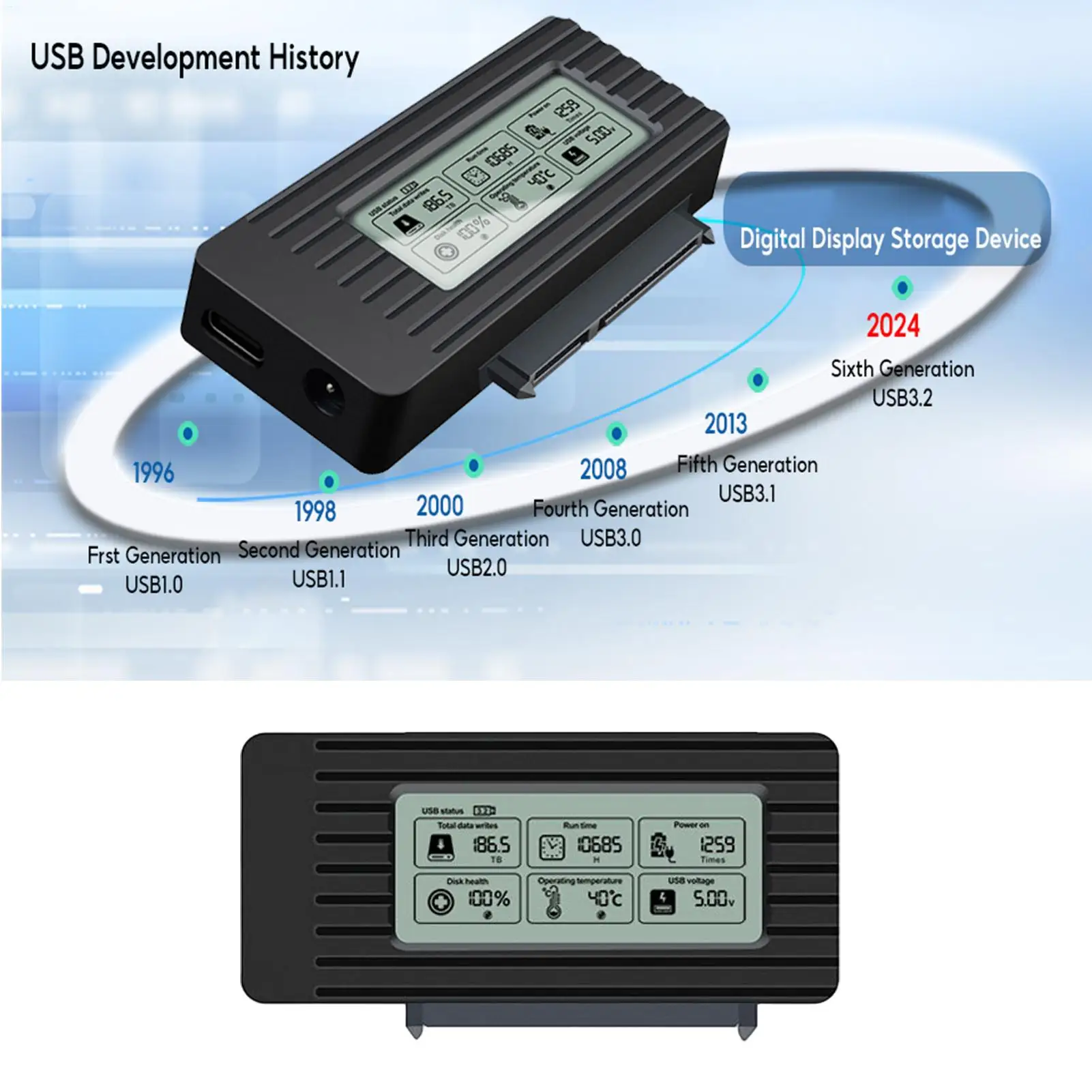 

Корпус жесткого диска USB 3.2 Адаптер жесткого диска 2,5/3,5 дюйма Интеллектуальный цифровой дисплей Кабель Easy Drive с блоком питания ﻿