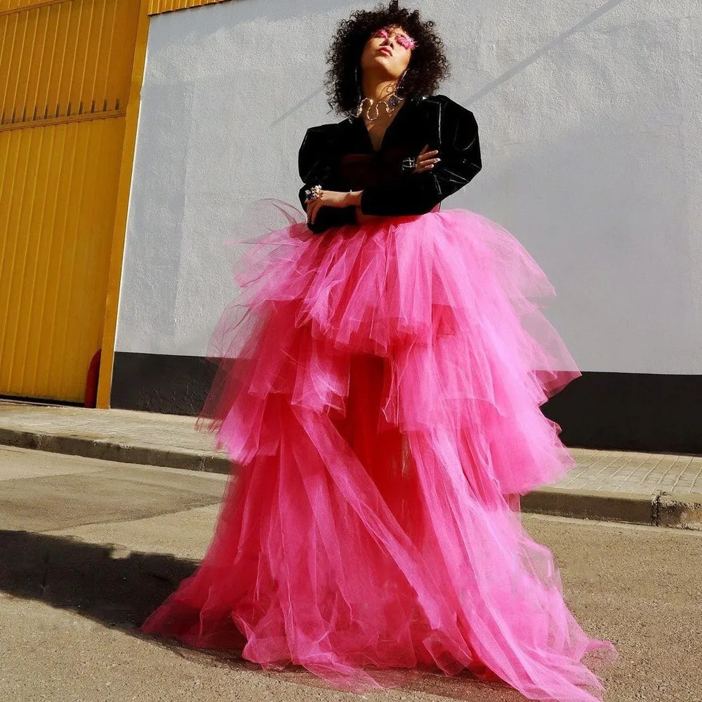 Falda de tul rosa intenso con volantes escalonados, falda de fiesta de cintura alta, tutú de tul, enagua informal, falda nupcial para fiesta de baile, юбка
