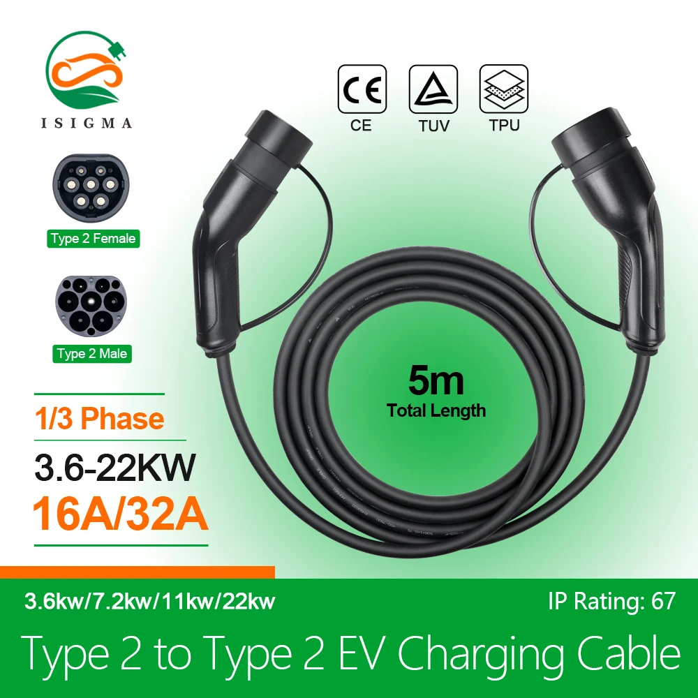 EV Charger Type2 Cable Female Car Side to Type2 Male Plug 16A/ 32A EV Car Charger Charging Cable Cord for Electric Car