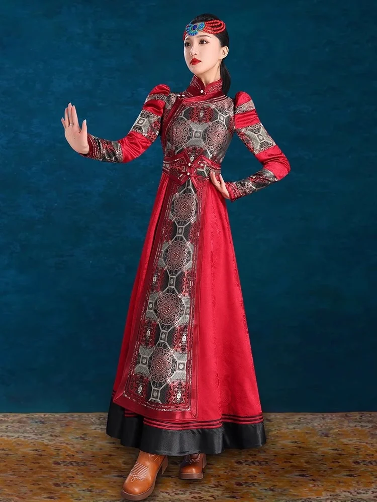 Chinese Mongolian Robe, Red and Black Dress, Inner Mongolia Ethnic Dance Performance Costume