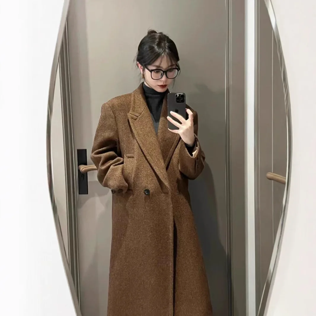Wome Blend Coat 2025 Autumn Winter New Women's Herringbone Wool Coat Thickened Long Trench Coat Warm Outerwear
