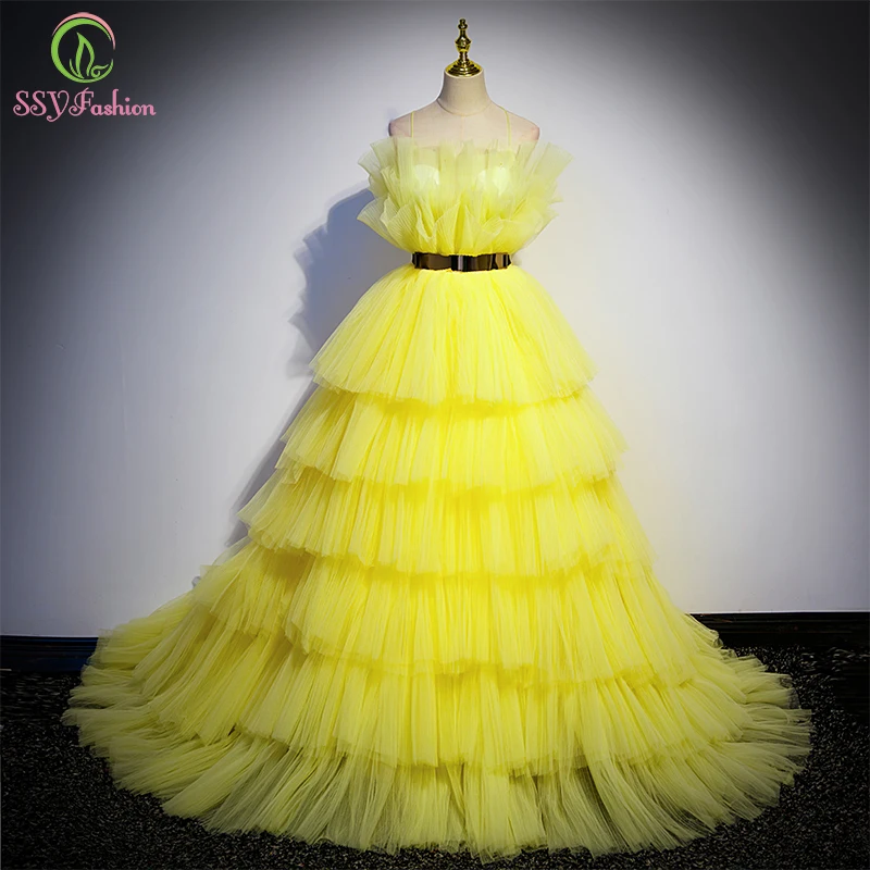 SSYFashion-Robe de Soirée Jaune pour Femme, Sans Bretelles, Trapèze, Longue Traîne de Balayage, Robe de Bal, Éducative, Nouvelle Collection