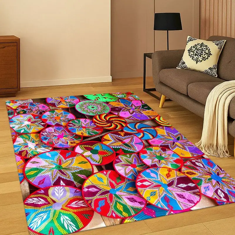 Ethiopia Flower Woven Art Baskets Mandala Carpet Rug for Bedroom Living Room Sofa Playroom Doormat Home Decor,Area Rug Non-slip