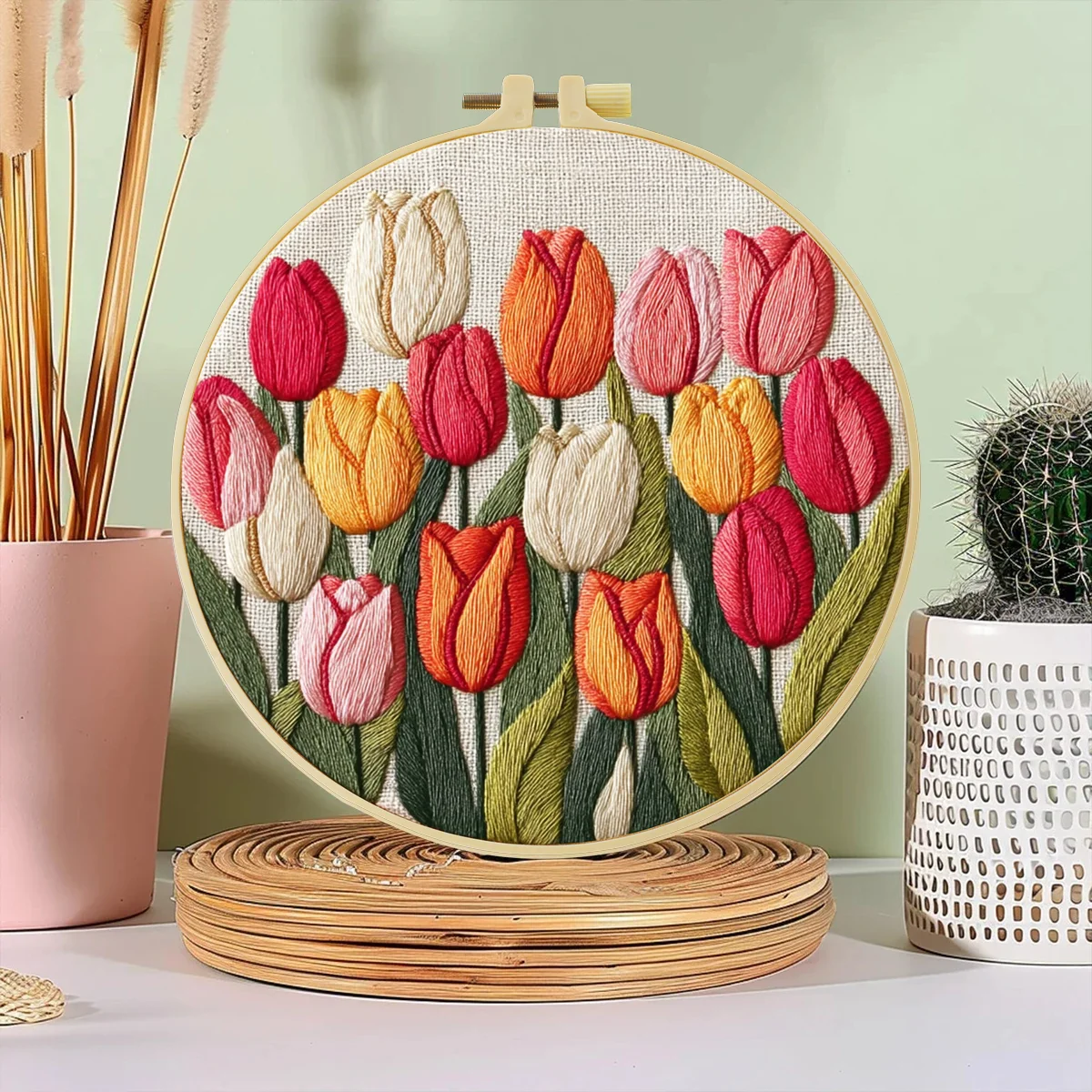 1pc 20X20CM/15X15CM 7.87/6.3inch Beautiful Tulips Bag Embroidery Starter Kit DIY Kit Set for Beginner Home Decor Needle Art