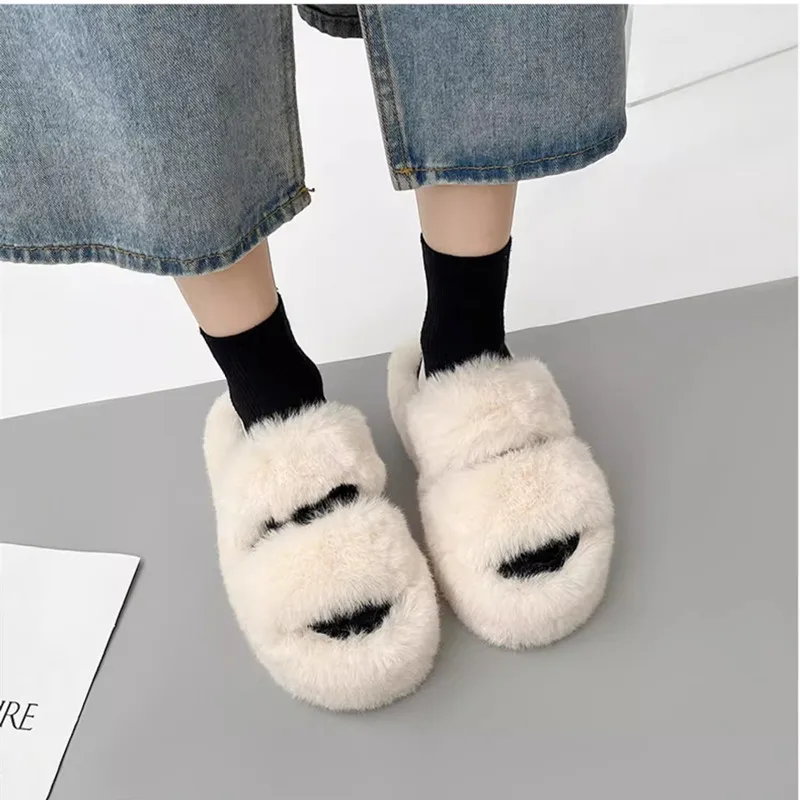 Fashion Mink Fur Slippers Hairy Sandals Slippers for Women Outdoor 2024 New Autumn All-Match Korean Cute Fluffy Chic Furry Shoes