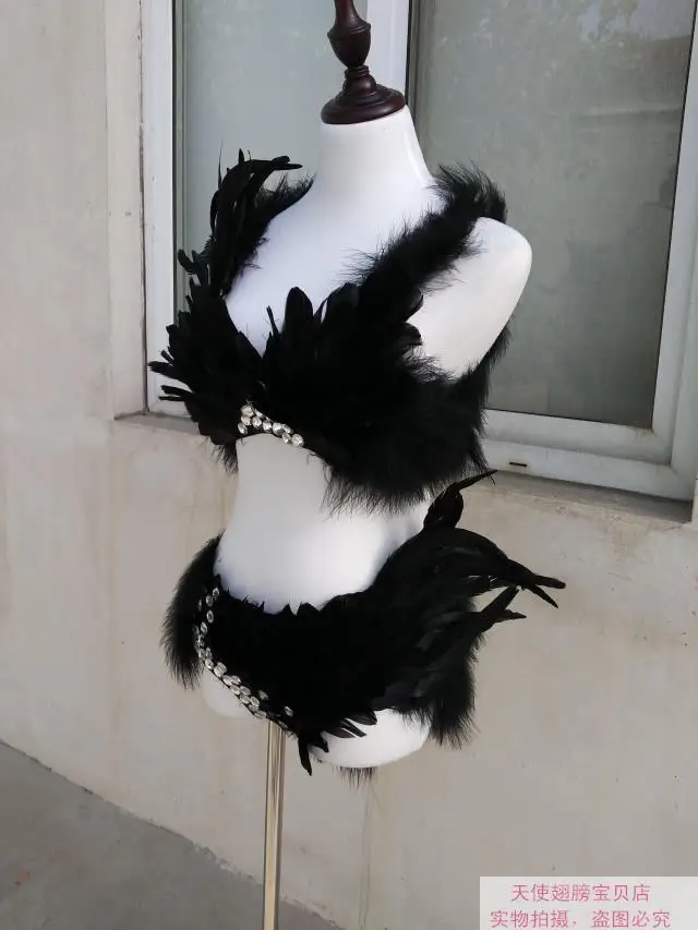 Zestaw Ashion: Czarna spódnica z piórami i szalem, seksowny strój sceniczny damski, body z piórami, strój do tańca, kostium na imprezę i występ.