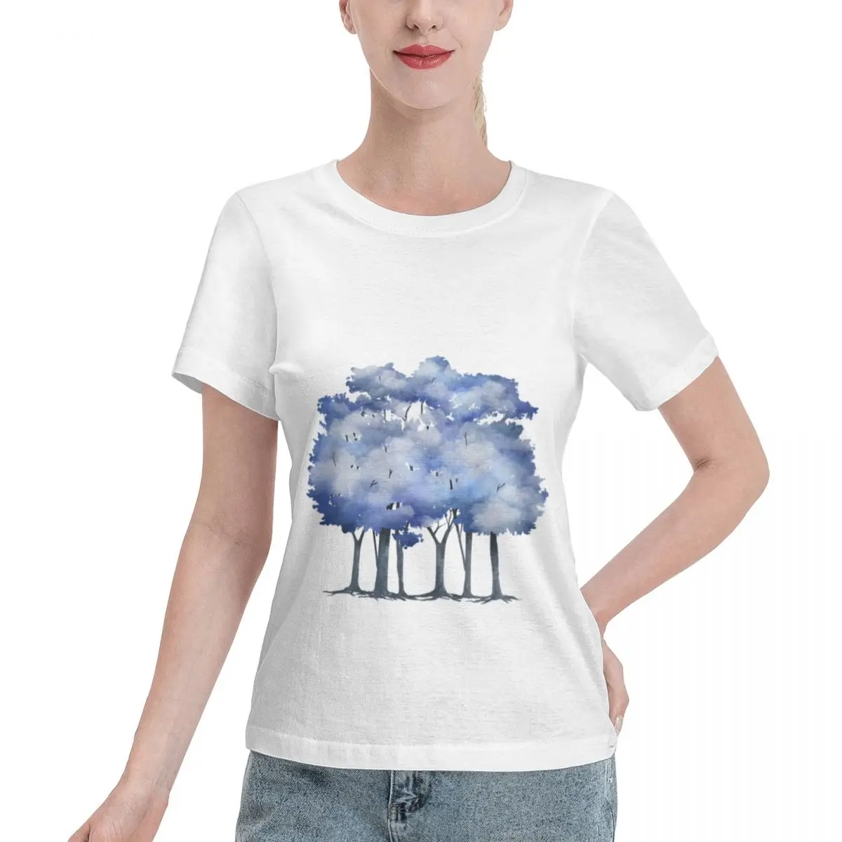 Bargain Price Icy Blue Winter Japanese Maple Trees Watercolor Women's T-shirt Spring Outfit Korean Fashion Top