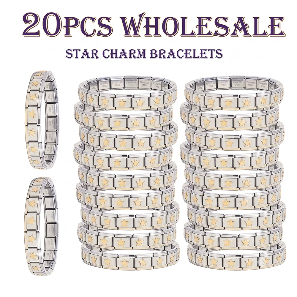 Wholesale 20PCS Star Charms Stainless Steel Italian Charm Bracelet Bulk Lot Brushed Composable Modular Bracelet Jewelry Supplies