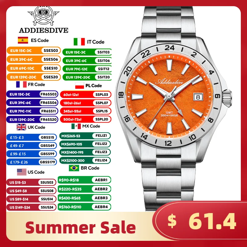 

ADDIESDIVE Luxury GMT Quartz Watch 38mm Stainless Steel 200M Waterproof Sapphire Crystal Swiss Ronda 515-24H Dual Time Men Watch
