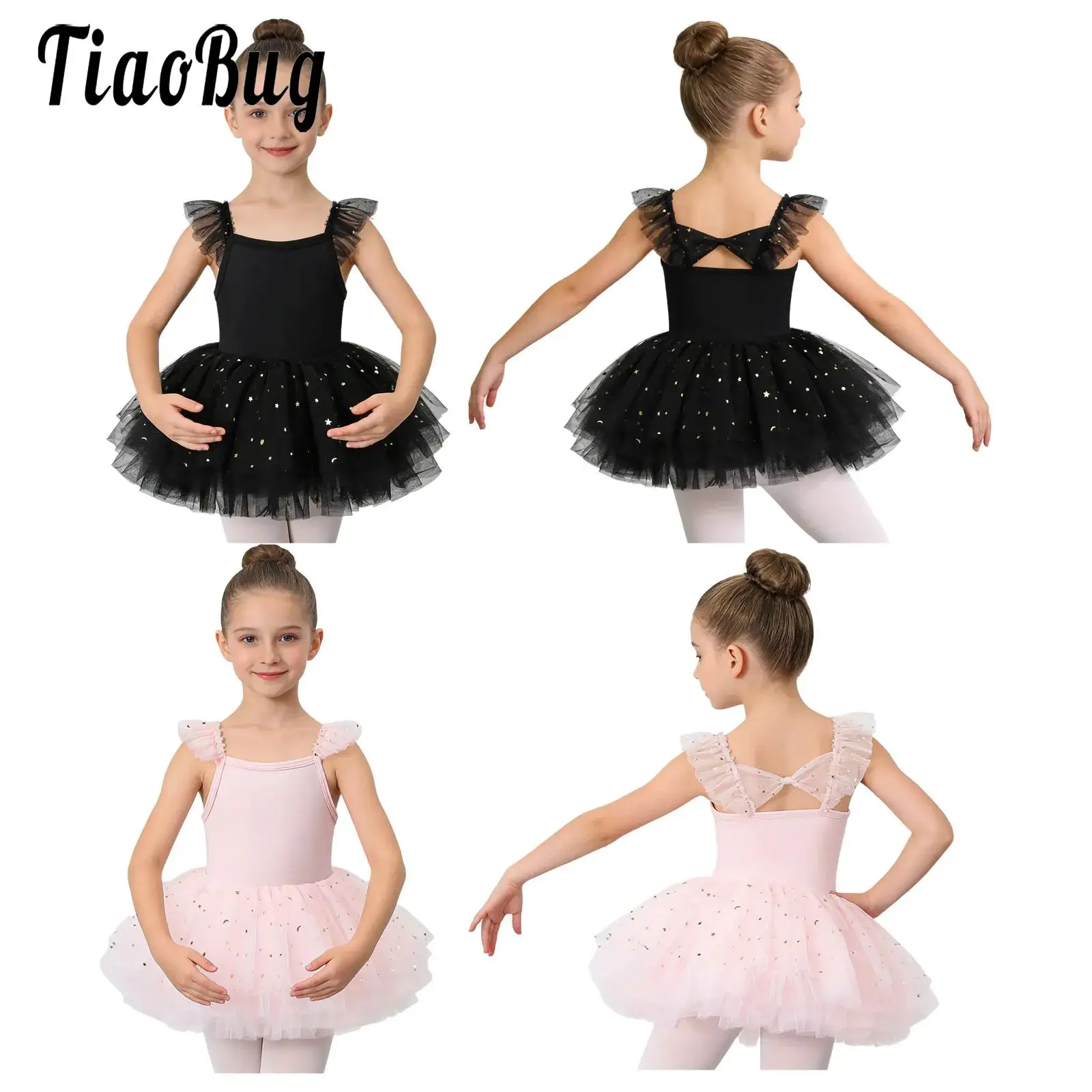 

Kids Girls Shiny Sequins Dance Ballerina Dress Ruffled Sleeves Tulle Ballet Dress with Built-in Briefs for Practice Performance