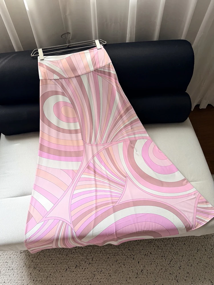 Spring Summer Fashion Outdoors Resort Geometric Print Elegant Long Skirt Women's High Waist Sexy Slim A-Line Big Swing Skirt