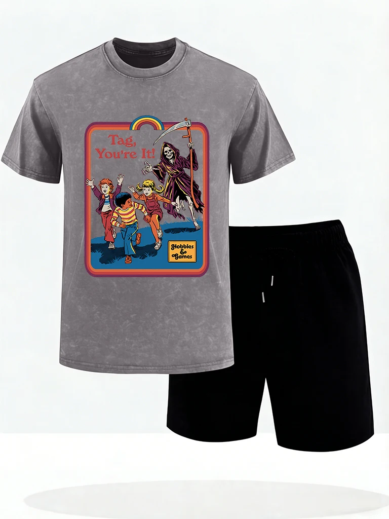 

Skeleton Chasing Child Games Pattern Daily T Shirt Men Set Hip Hop Fashion Shorts Casual Summer Tee Street Cotton Washed Clothes