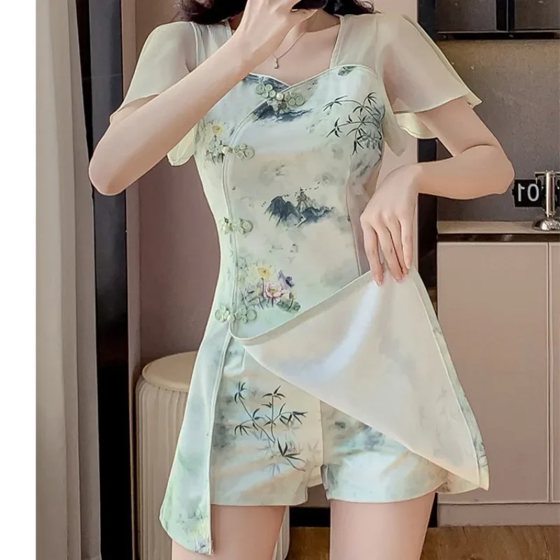 فستان صيفي مثير قصير 2 قطعة مجموعة ملابس النساء فساتين شيونغسام دعوى ملابس امرأة Vestidos الصينية تشيباو أنيقة Ropa Mujer #5