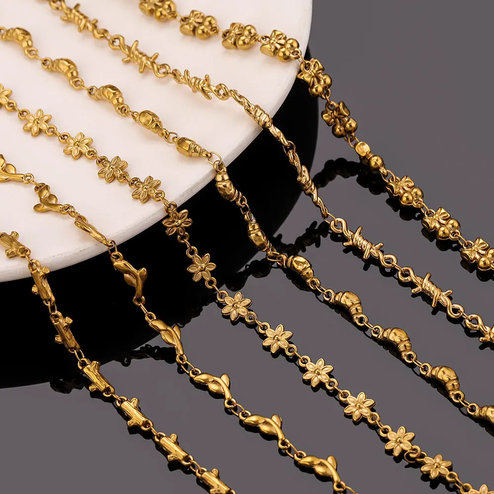 1M Chains Stainless Steel Branches Flower Bow Cherries Link Chain PVD Gold Plated DIY Necklaces Bracelets Jewelry Making Finding