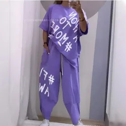 Spring Summer New Fashion Letters Printed T Shirt Women Short Sleeve Suit Simple Loose Casual Pocket Female Pants 2 Piece Set