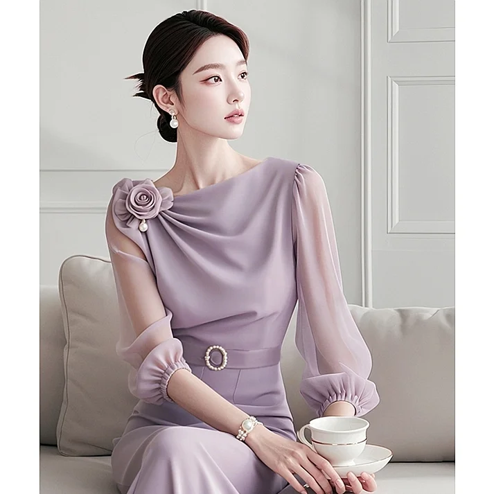 Early Autumn Women\'s 2024 New Style Cool and Relaxed Light Luxury High-end French Purple Three-dimensional Flower Top